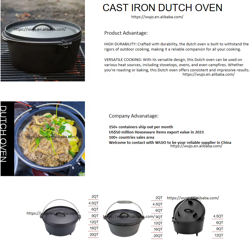 Manufacturer Best Free Sample Nordic Outdoor Food Contact Camping Cookware 2QT  20 qt  Dutch Oven Cast Iron Pot with Lid