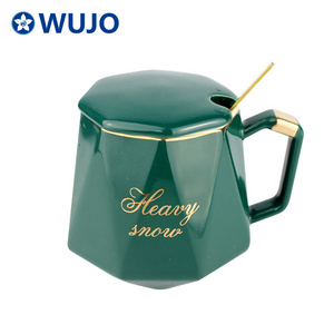 Diamond Shape Gold Ceramic Coffee Cup Mug Emerald Glazed Ceramic Mugs with Spoon and Lid