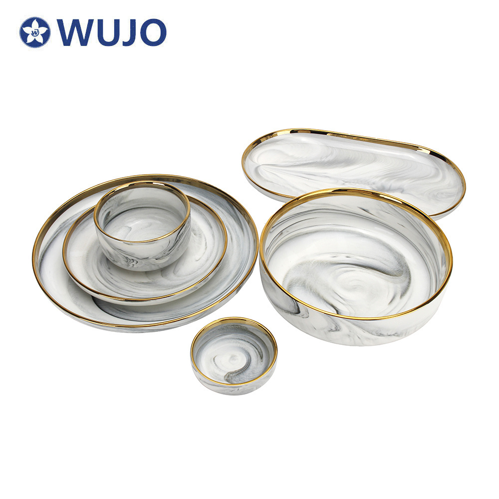 Modern High Quality Marble Design Dinner Set Royal Gold Luxury Porcelain Dinnerware Set