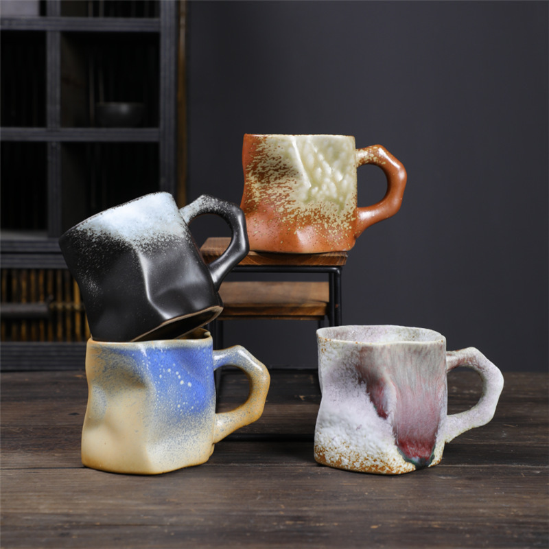 Retro Irregular Geometric Shapes Ceramic Stoneware Coffee Mugs with Handle Tea Cup for Office and Home Mug