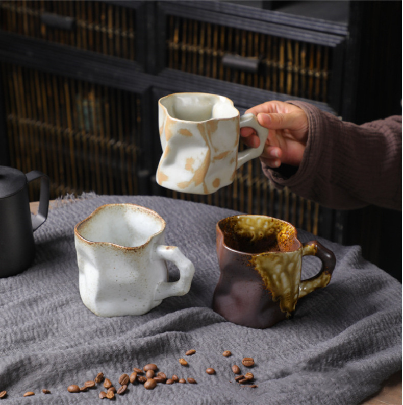 Retro Irregular Geometric Shapes Ceramic Stoneware Coffee Mugs with Handle Tea Cup for Office and Home Mug