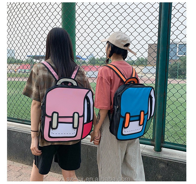 Teenager girls boys travel 3d jump style 2d drawing cartoon bag bookbag daypack backpack