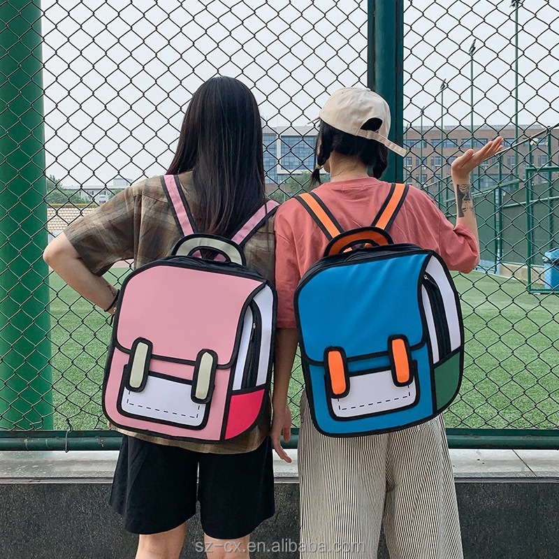 Teenager girls boys travel 3d jump style 2d drawing cartoon bag bookbag daypack backpack