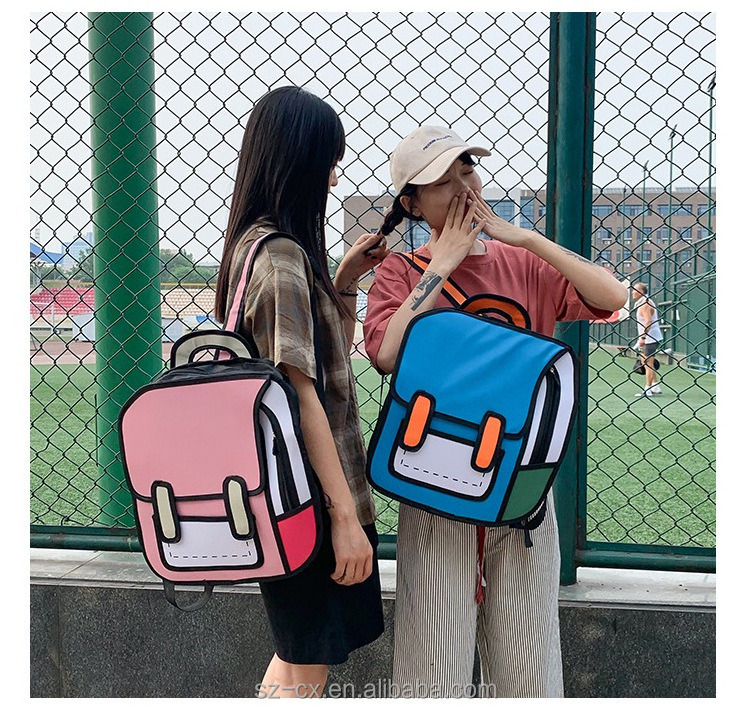 Teenager girls boys travel 3d jump style 2d drawing cartoon bag bookbag daypack backpack