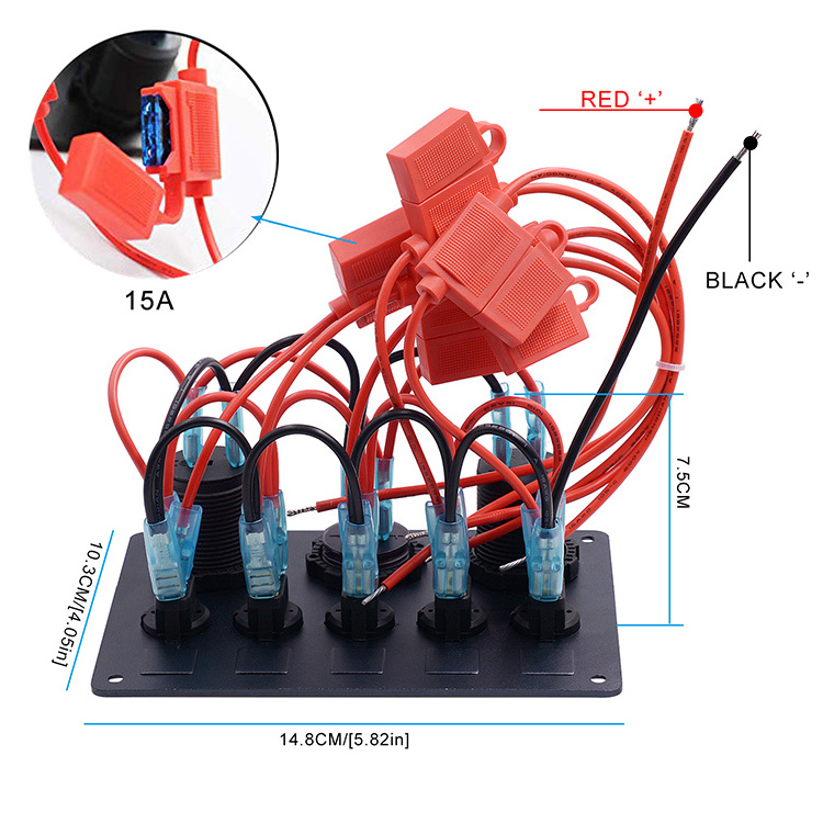 5 Gang Rocker Dual USB Charger + Digital Voltmeter +12V Outlet Pre-Wired Switch Panel with Circuit Breakers for RV Boat Truck