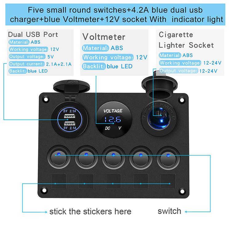 5 Gang Rocker Dual USB Charger + Digital Voltmeter +12V Outlet Pre-Wired Switch Panel with Circuit Breakers for RV Boat Truck