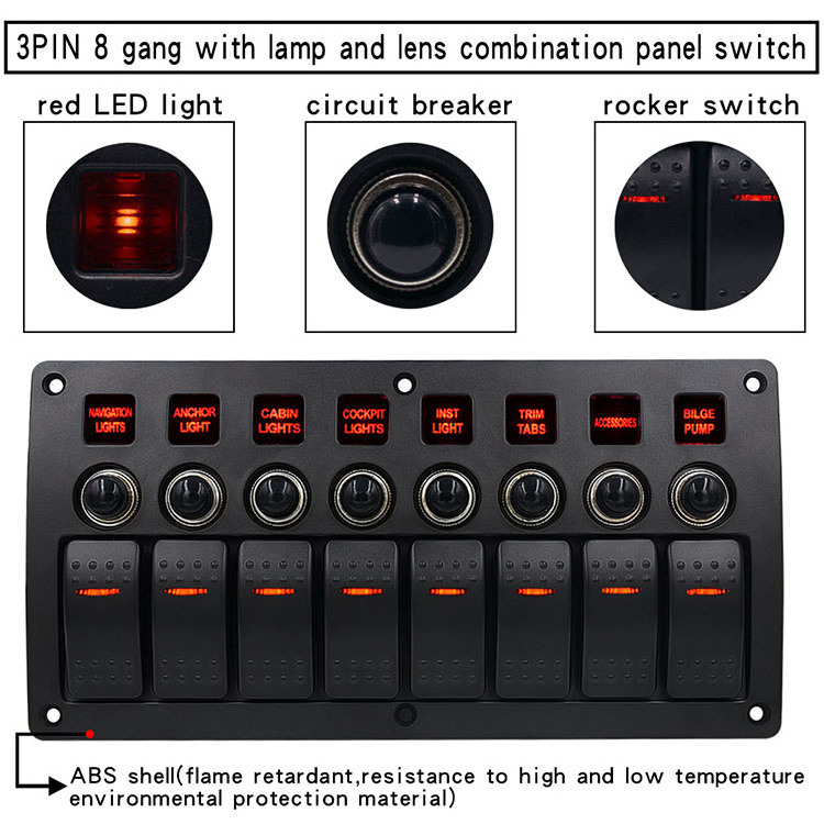 3pin Waterproof 8 Gang Led Boat Rocker Switch Panel 12v 24v