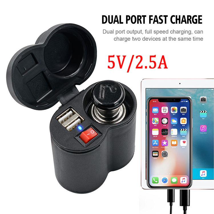 Motorcycle Cigarette Lighter Charger Dual USB Phone Charger For Motorcycle/Motorbike/ATV with Switch