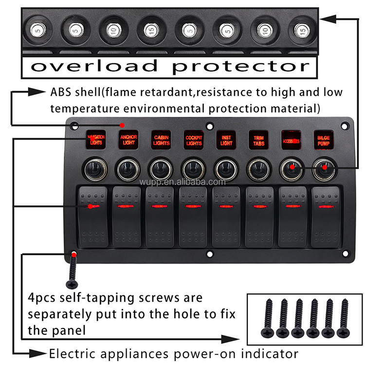 8 Gang Led Boat Rocker Switch Panel 12v Illuminated Momentary Rocker Switch