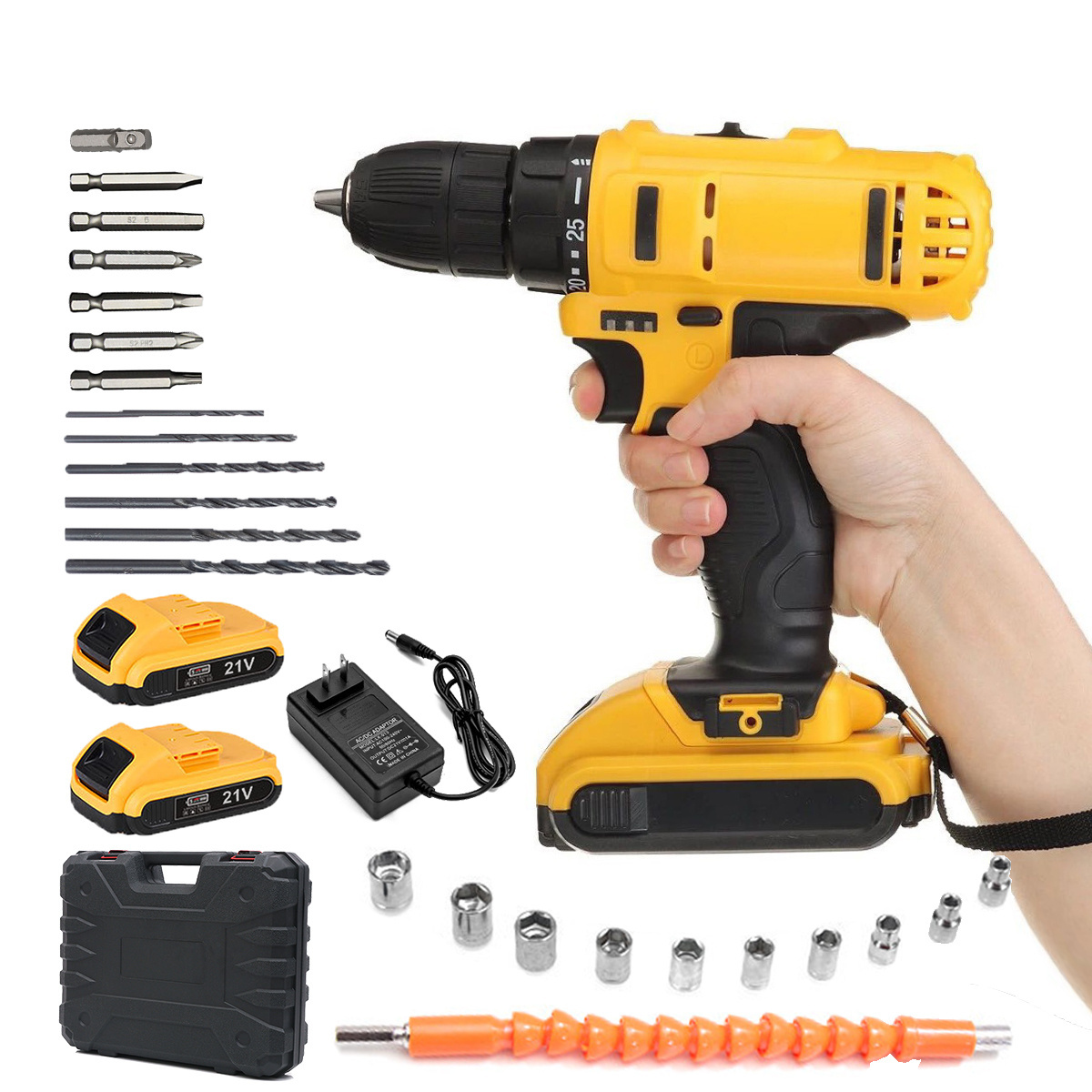 21v 20v drill combo kit machine brush set electric power tools cordless wireless battery rechargeable drill