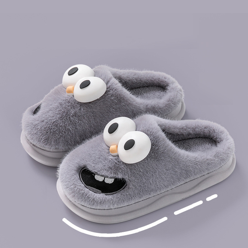 Hot Selling Winter Indoor Women Slippers Cartoon Big Eye Doggy Fluffy Plush Bedroom Slipper For Ladies