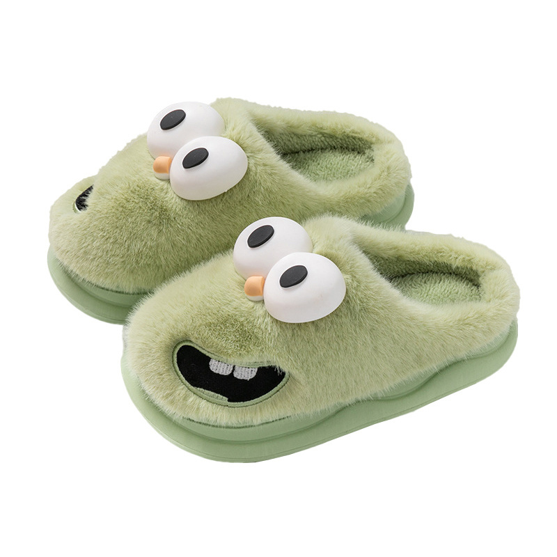 Hot Selling Winter Indoor Women Slippers Cartoon Big Eye Doggy Fluffy Plush Bedroom Slipper For Ladies