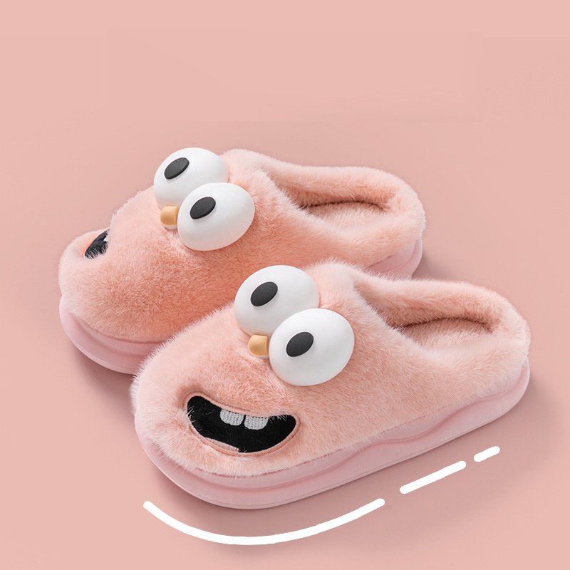 Hot Selling Winter Indoor Women Slippers Cartoon Big Eye Doggy Fluffy Plush Bedroom Slipper For Ladies