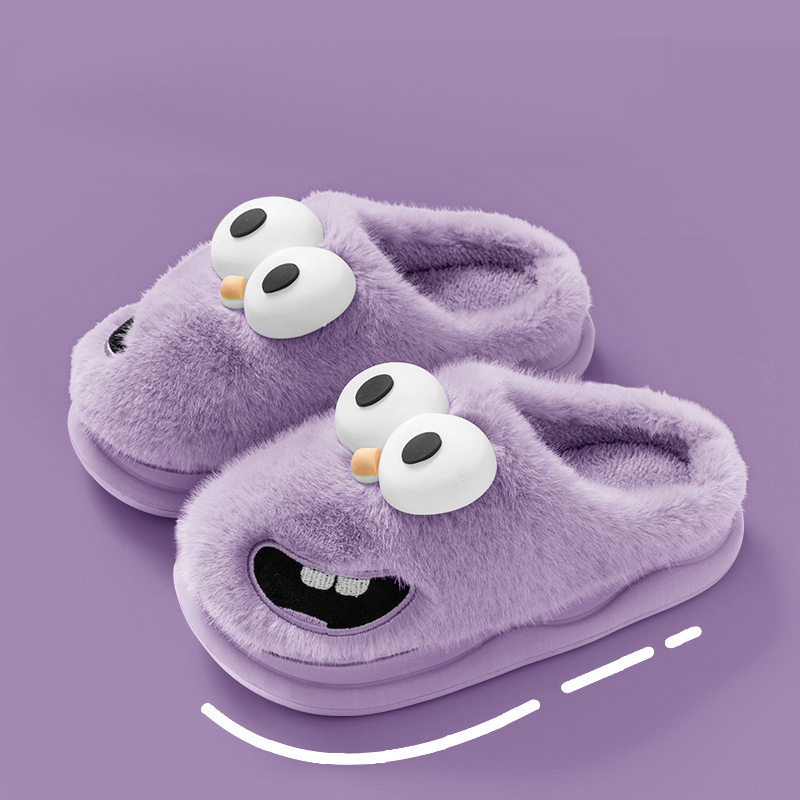 Hot Selling Winter Indoor Women Slippers Cartoon Big Eye Doggy Fluffy Plush Bedroom Slipper For Ladies