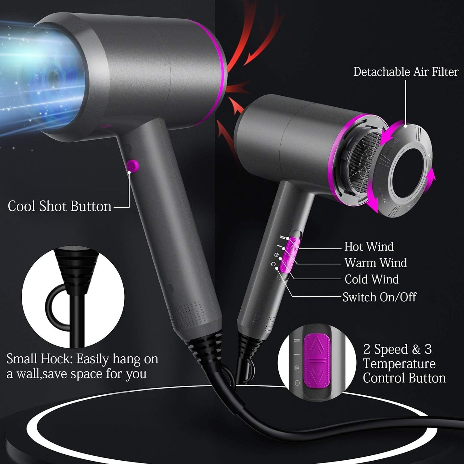 2000W Professional Electronic High Quality T Shape Hair Styling Dressing Dryer Air Cold High Speed Ionic Hair Dryer