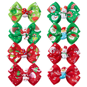 3 Inch Christmas Hair Bow Clips For Baby Girls Cute Snow Santa Christmas Tree Printed Hairpins Headwear Hair Accessories