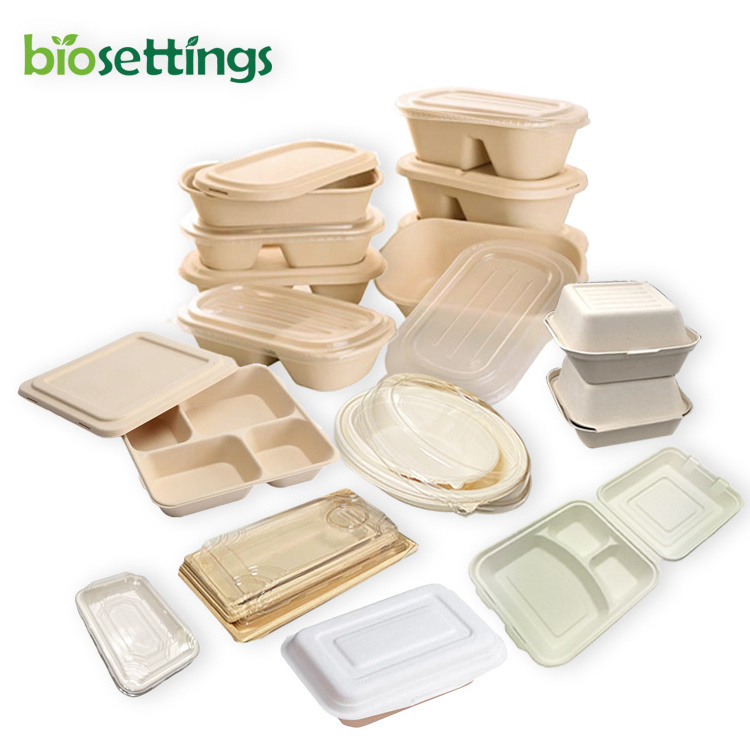 Wholesale compostable molded pulp sushi burger lunch box packaging ecologic disposable sugarcane pulp food box