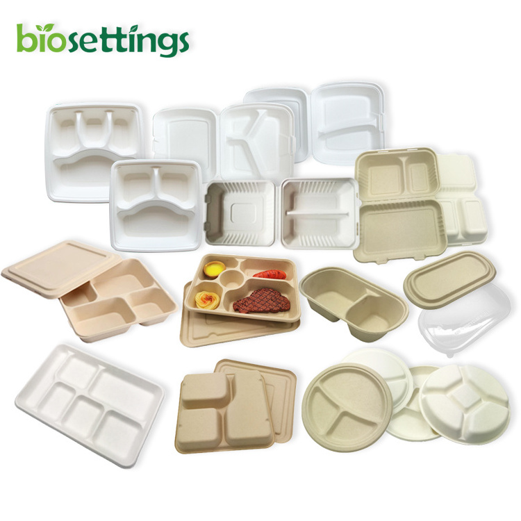 Biodegradable sugarcane pulp bagasse food tray platos platos divididos with lid 2 3 4 5 6 compartment disposable plate