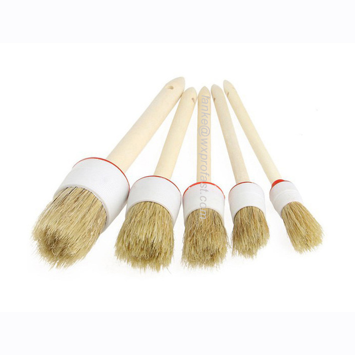 High Quality Car Detailing Products 5-Set Car Cleaning Brush Wooden Handle Boar Hair Bristle Brush For Interior Leather Wheels