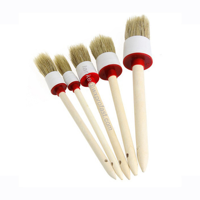 High Quality Car Detailing Products 5-Set Car Cleaning Brush Wooden Handle Boar Hair Bristle Brush For Interior Leather Wheels