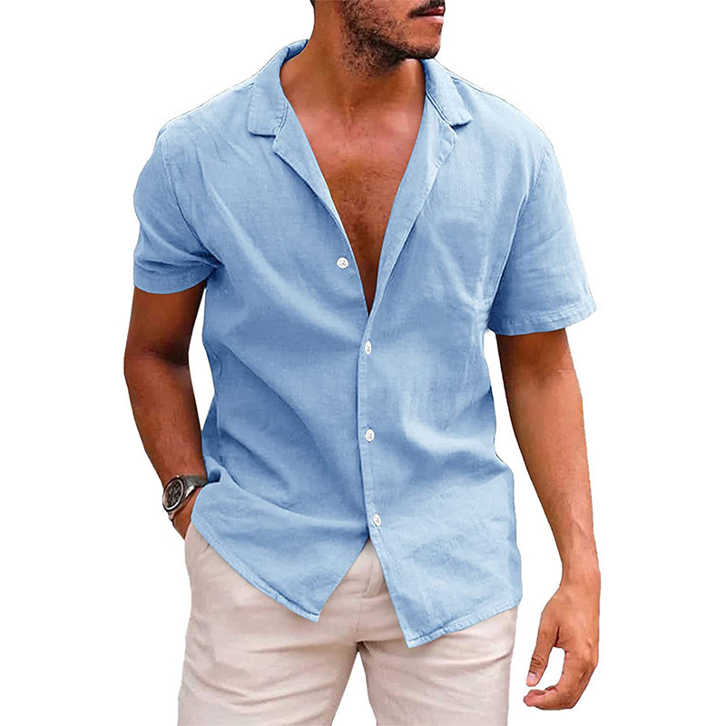 Wholesale Plain Casual Mens Summer Short Sleeve Buttons Cotton Linen Shirts Men