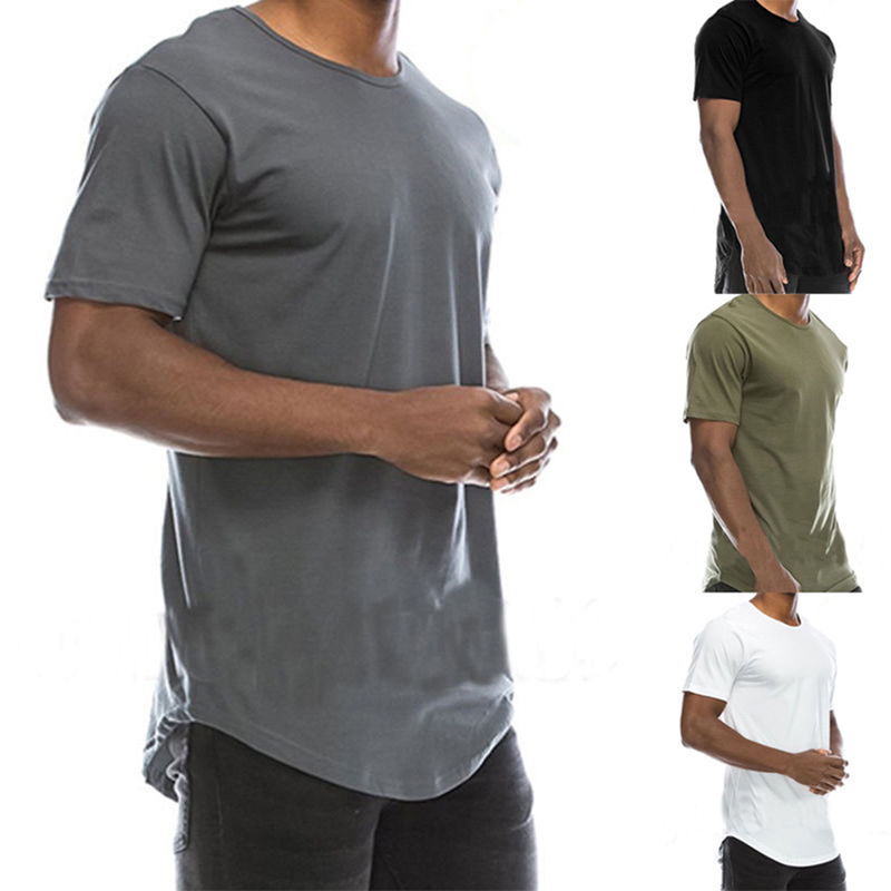 New Fashion Long Length Tshirt Men Cotton Plain Extra Long Curved Hem Scoop Bottom T Shirts