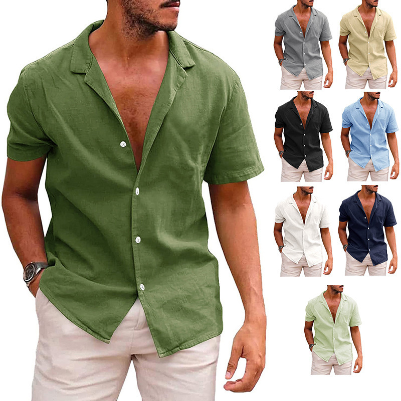 Wholesale Plain Casual Mens Summer Short Sleeve Buttons Cotton Linen Shirts Men