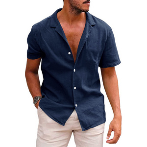 Wholesale Plain Casual Mens Summer Short Sleeve Buttons Cotton Linen Shirts Men