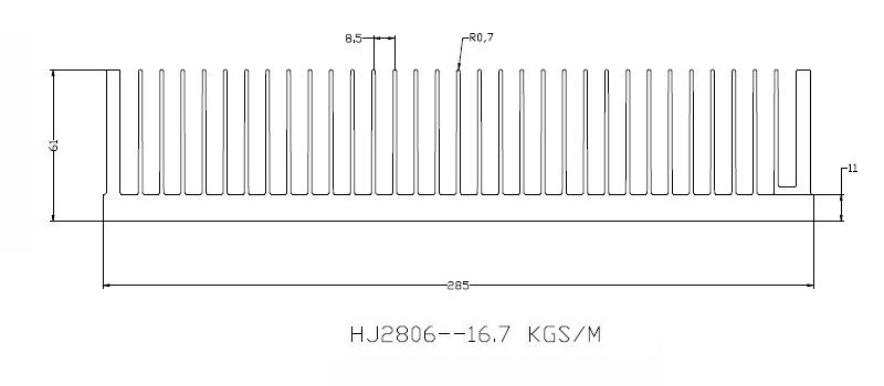 Flexible cutting length high power extruded aluminum heat sink 285(W)*60(H)mm