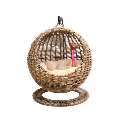 Wicker cane Hanging Cat Bed for Indoor Cats  a Covered Modern Cat handmade Hut of Rattan Houses Pets in Dome Basket Washable