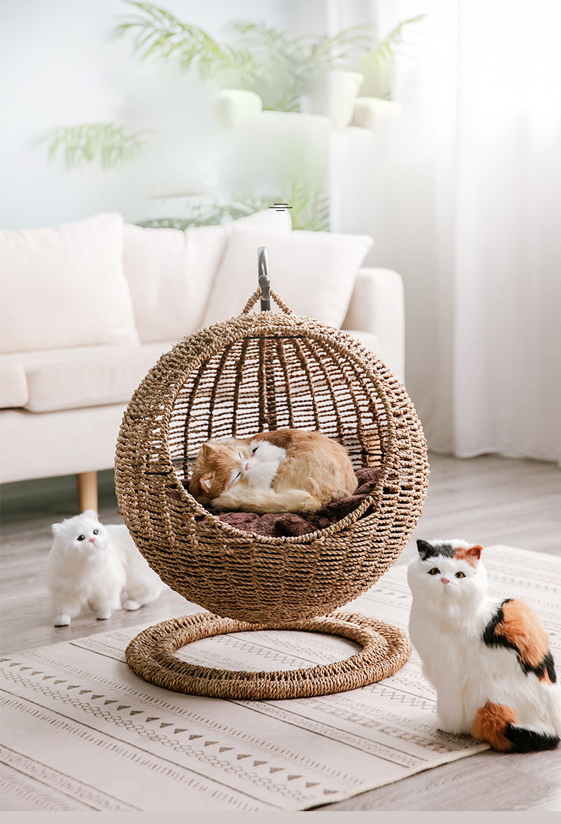 Wicker cane Hanging Cat Bed for Indoor Cats  a Covered Modern Cat handmade Hut of Rattan Houses Pets in Dome Basket Washable