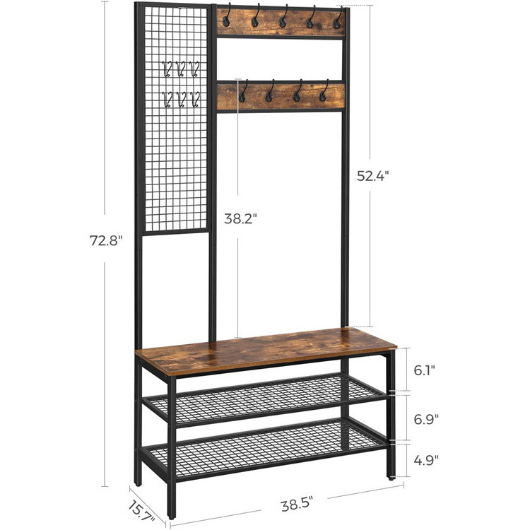 Vintage Industrial Style Entryway Metal Wooden Hall Tree Stand Customized Hat Cloth Hanger Shoe Rack