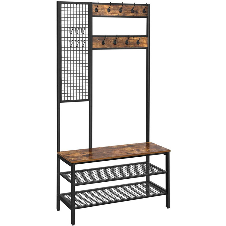 3-in-1 Hall Tree Storage Shelves Entryway Stand Shoe Bench Coat Rack With Grid Wall Multifunctional Hallway Shelf