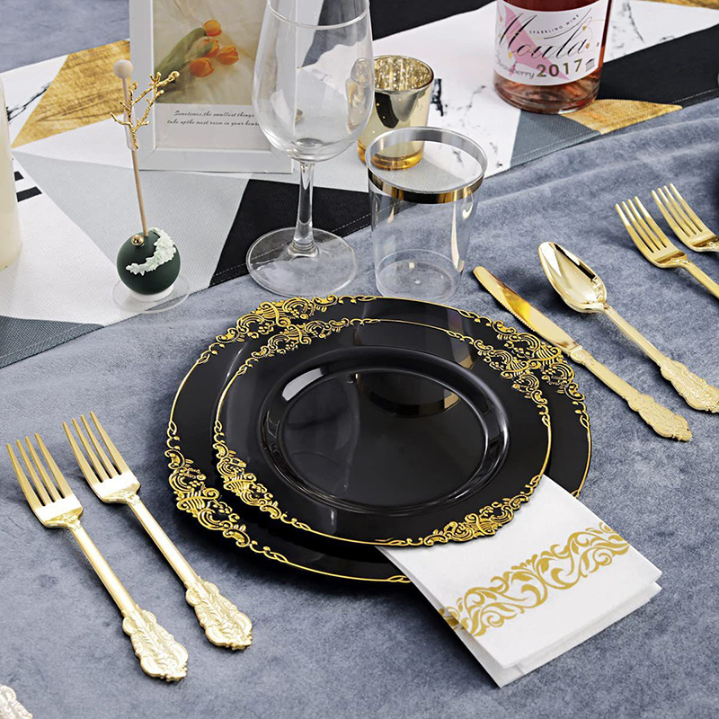 Black Dinnerware Sets Chargers Wedding Party Embossed Plastic Plates Dinnerware Party Supplies Kits Plates and Cups Napkin Sets