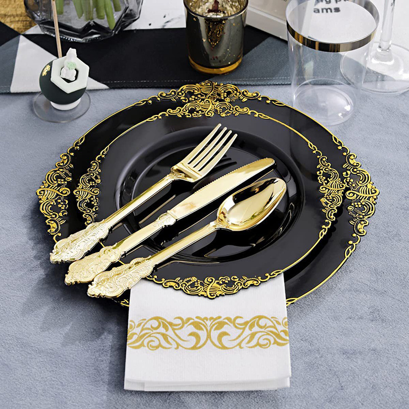 Black Dinnerware Sets Chargers Wedding Party Embossed Plastic Plates Dinnerware Party Supplies Kits Plates and Cups Napkin Sets