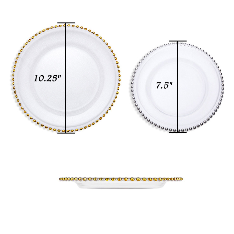 7.5 inch white gold beaded rim pearl clear-plastic-charger-plates-with-gold-beads wedding plastic gold charger plate