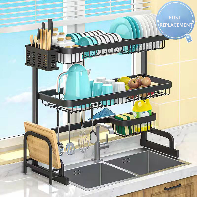 Over Sink Dish Drying Rack Compact Design Small Kitchen Organization with Chopstick Holder Chopping Board Bowls Dishes