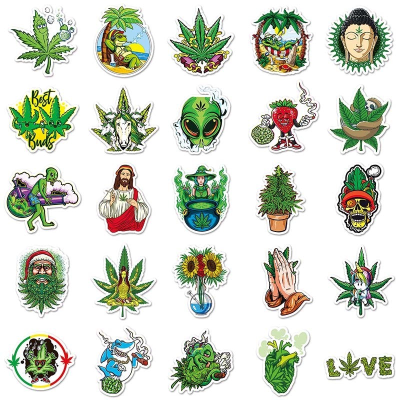 50Pcs Wholesale Price Waterproof Label Custom Sticker Decorative Laptop Luggage Cartoon Hemp Leaf Sticker