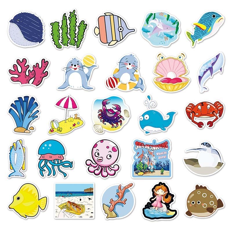 50 PCS High Quality Cartoon Cute Kawaii Creative Wall Decoration Sticker Waterproof Marine Organism Ocean Series  Stickers