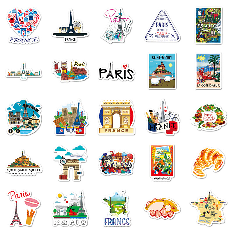 50pcs Famous Building Paris Eiffel Tower French Cartoon Sticker Outdoor Scenery Travel Commemorative Vinyl Decal Sticker