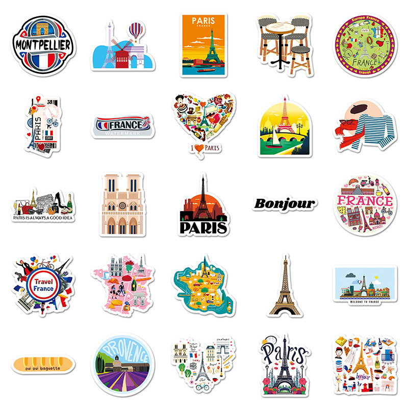 50pcs Famous Building Paris Eiffel Tower French Cartoon Sticker Outdoor Scenery Travel Commemorative Vinyl Decal Sticker