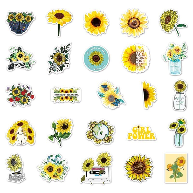 50pcs Factory Hot Sale Aesthetic Plant Die Cut Vinyl Decorative Sunflower Stickers Pack For Kids Laptop Luggage Guitar Notebook