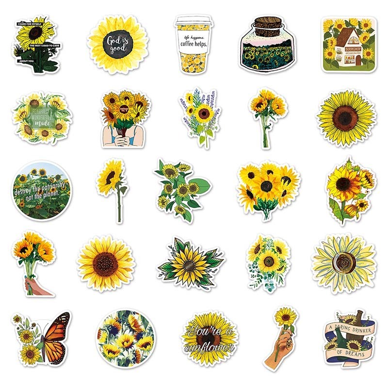 50pcs Factory Hot Sale Aesthetic Plant Die Cut Vinyl Decorative Sunflower Stickers Pack For Kids Laptop Luggage Guitar Notebook