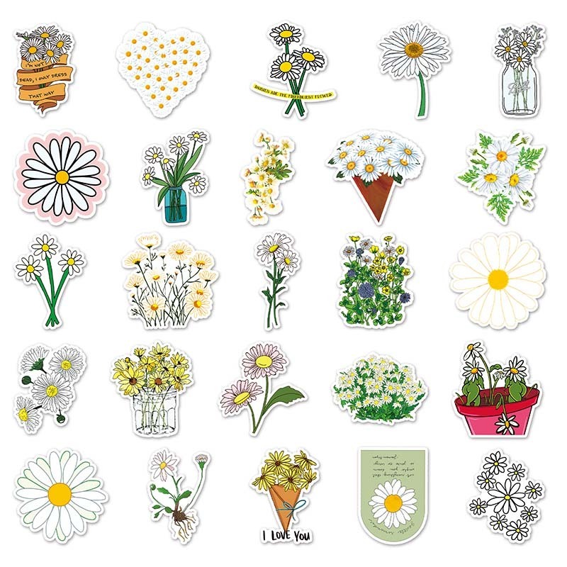 50pcs Wholesale Price Small Fresh Cartoon Plant Daisy Sticker Waterproof Decorative Skateboard Luggage Car Custom Sticker