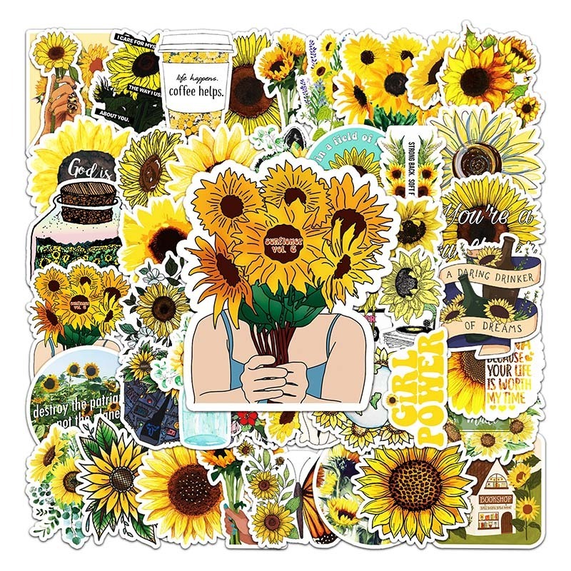 50pcs Factory Hot Sale Aesthetic Plant Die Cut Vinyl Decorative Sunflower Stickers Pack For Kids Laptop Luggage Guitar Notebook