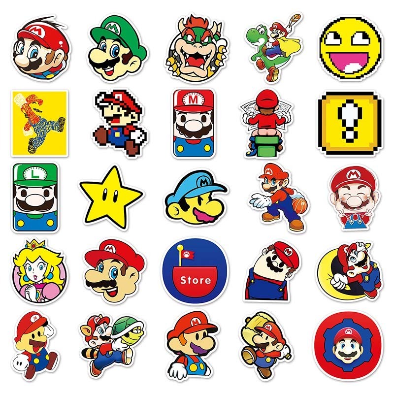 53PCS Cute Cartoon Switch Video Games Super Mario Stickers Die Cut Mirror Stickers