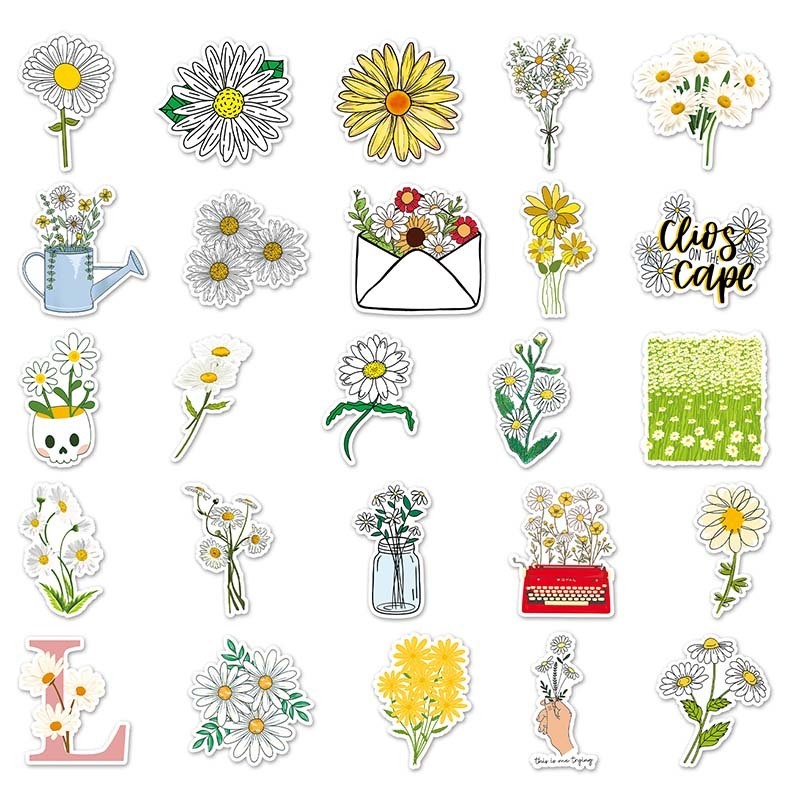 50pcs Wholesale Price Small Fresh Cartoon Plant Daisy Sticker Waterproof Decorative Skateboard Luggage Car Custom Sticker