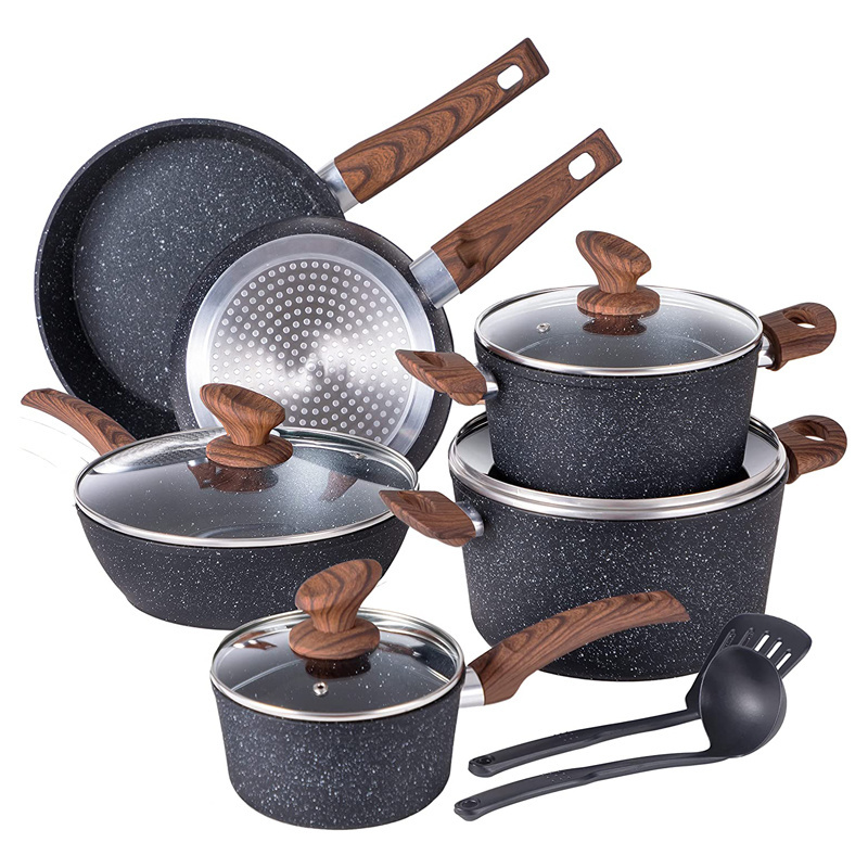 New Arrival Granite Cookware Set Nonstick Gas Cooker High Quality Wooden Handle Cookware