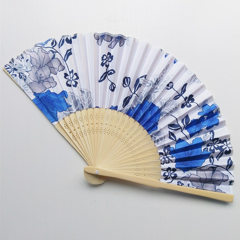 Chinese Floral Folding Hand Fan Vintage Satin Fabric Handheld Fan with Bamboo Rib