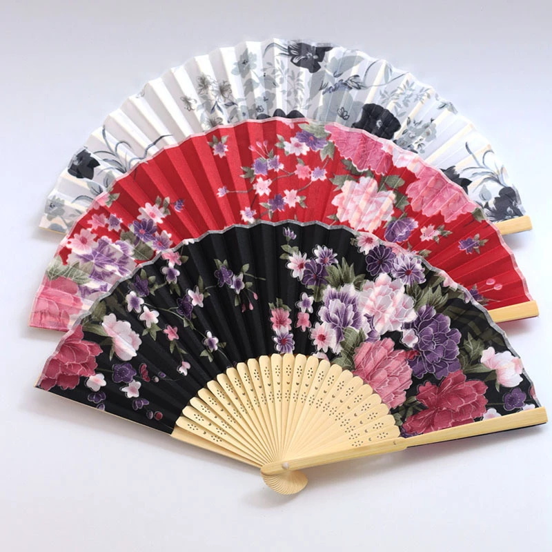 Chinese Floral Folding Hand Fan Vintage Satin Fabric Handheld Fan with Bamboo Rib